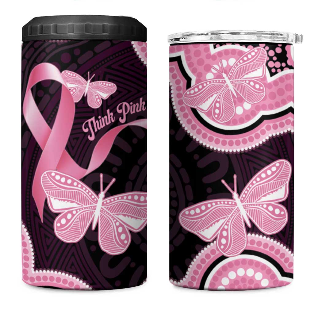 Australia Indigenous 4 in 1 Can Cooler Tumbler Pink Ribbon Breast Cancer Butterfly Aboriginal Black - Aussie Hoodie