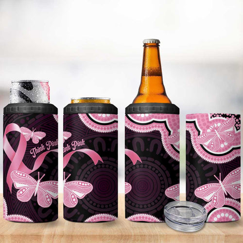 Australia Indigenous 4 in 1 Can Cooler Tumbler Pink Ribbon Breast Cancer Butterfly Aboriginal Black - Aussie Hoodie