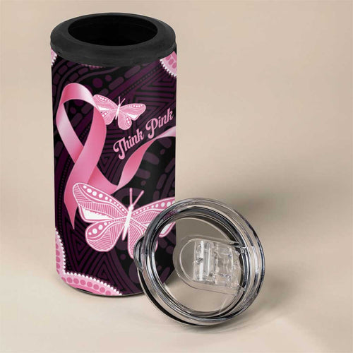Australia Indigenous 4 in 1 Can Cooler Tumbler Pink Ribbon Breast Cancer Butterfly Aboriginal Black - Aussie Hoodie