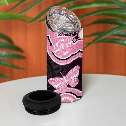Australia Indigenous 4 in 1 Can Cooler Tumbler Pink Ribbon Breast Cancer Butterfly Aboriginal Black - Aussie Hoodie