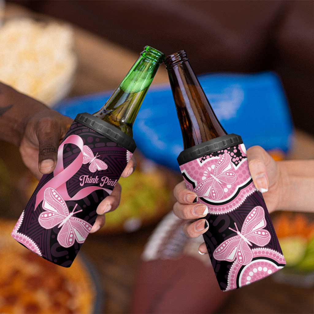 Australia Indigenous 4 in 1 Can Cooler Tumbler Pink Ribbon Breast Cancer Butterfly Aboriginal Black - Aussie Hoodie