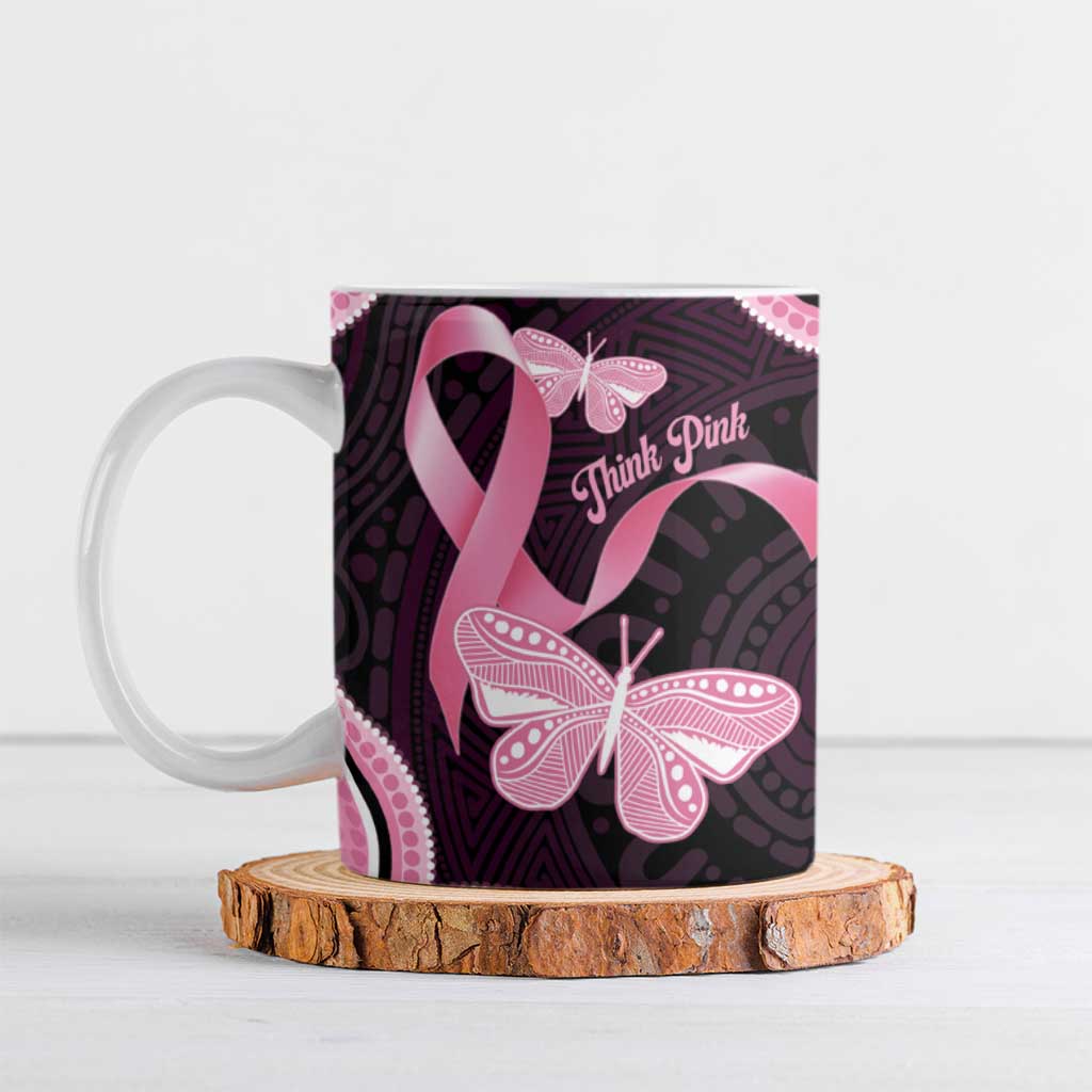 Australia Indigenous Ceramic Mug Pink Ribbon Breast Cancer Butterfly Aboriginal Black - Aussie Hoodie