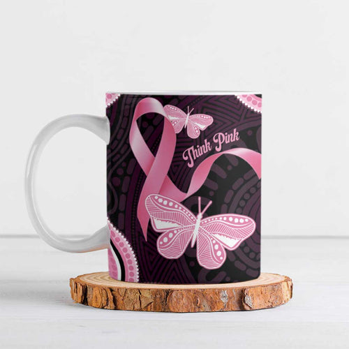 Australia Indigenous Ceramic Mug Pink Ribbon Breast Cancer Butterfly Aboriginal Black - Aussie Hoodie