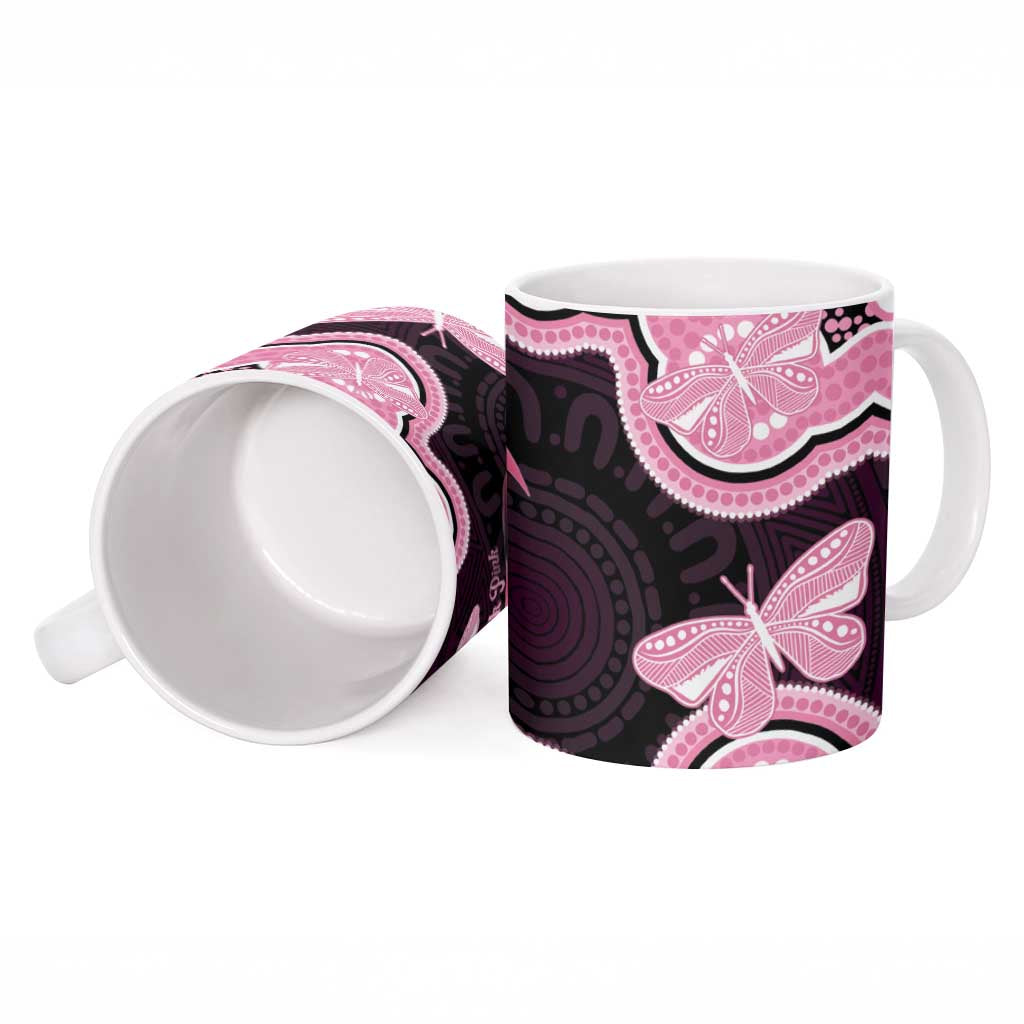Australia Indigenous Ceramic Mug Pink Ribbon Breast Cancer Butterfly Aboriginal Black - Aussie Hoodie