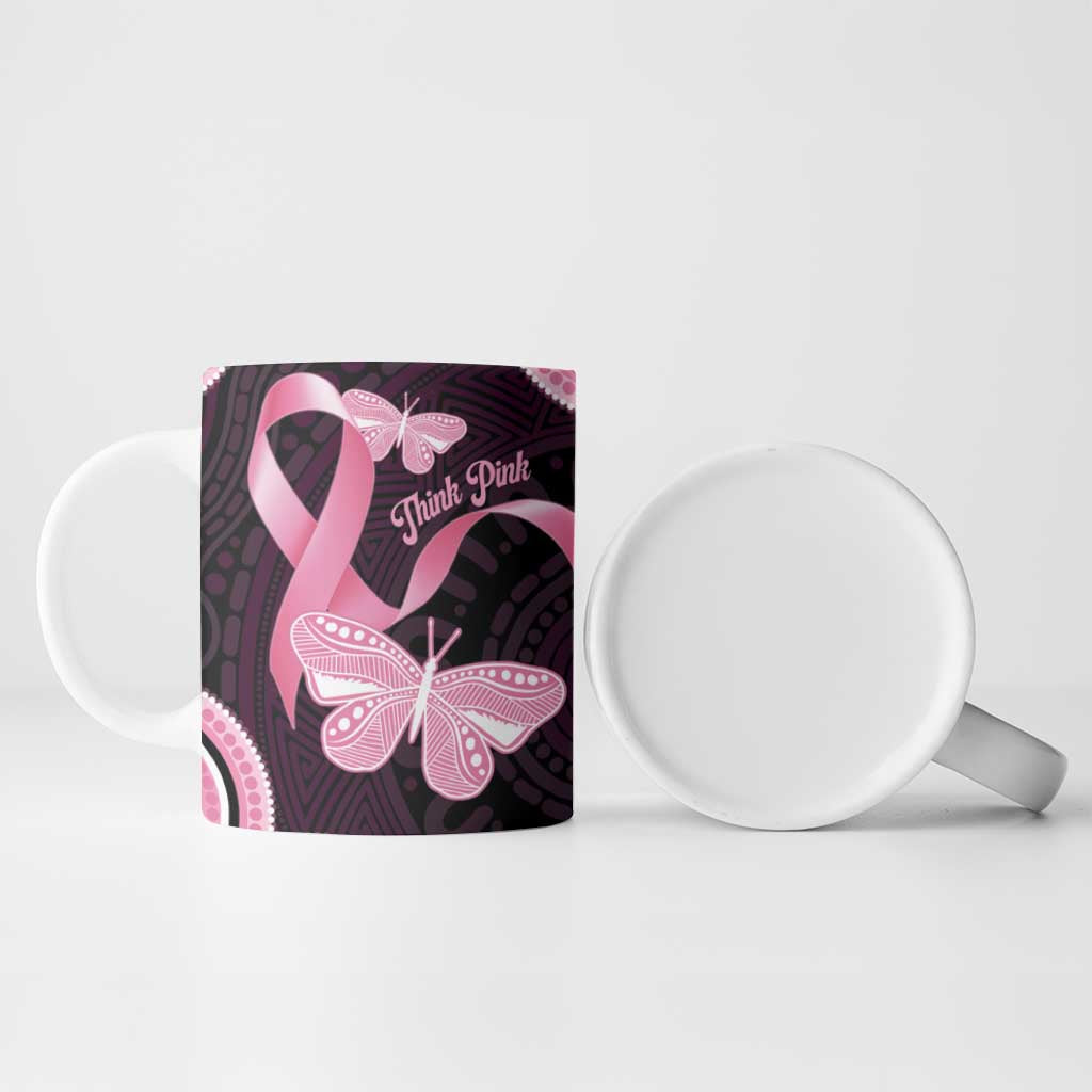 Australia Indigenous Ceramic Mug Pink Ribbon Breast Cancer Butterfly Aboriginal Black - Aussie Hoodie