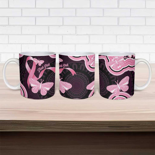 Australia Indigenous Ceramic Mug Pink Ribbon Breast Cancer Butterfly Aboriginal Black - Aussie Hoodie