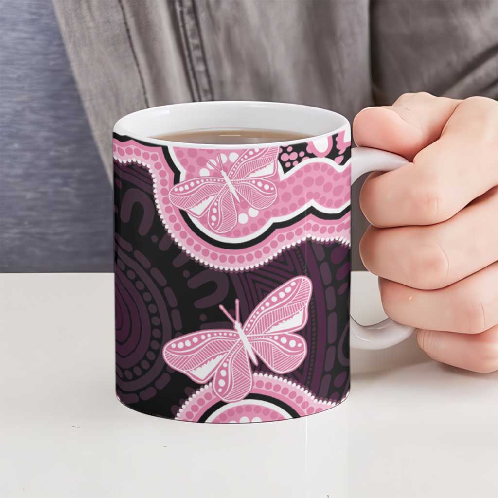 Australia Indigenous Ceramic Mug Pink Ribbon Breast Cancer Butterfly Aboriginal Black - Aussie Hoodie
