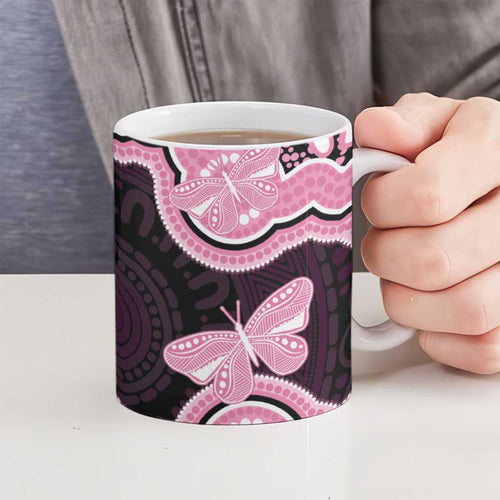 Australia Indigenous Ceramic Mug Pink Ribbon Breast Cancer Butterfly Aboriginal Black - Aussie Hoodie
