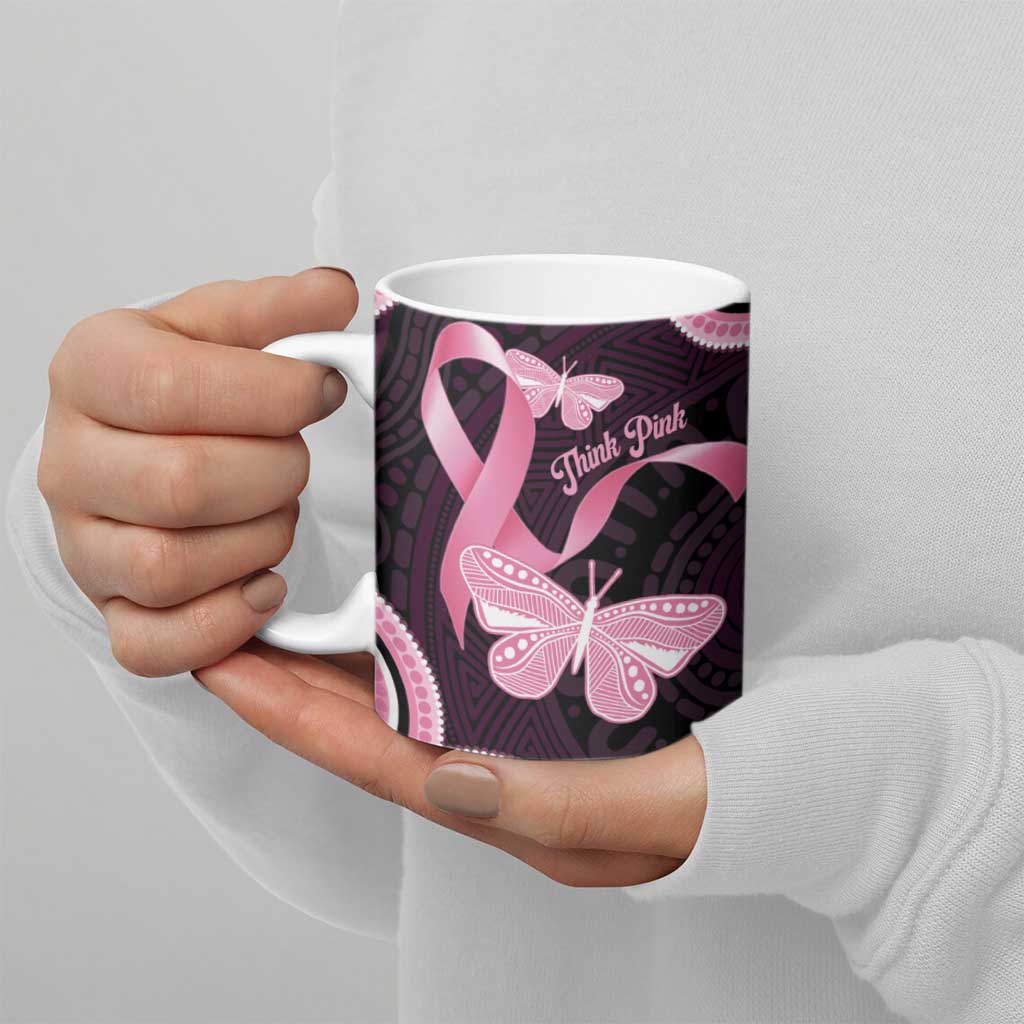 Australia Indigenous Ceramic Mug Pink Ribbon Breast Cancer Butterfly Aboriginal Black - Aussie Hoodie