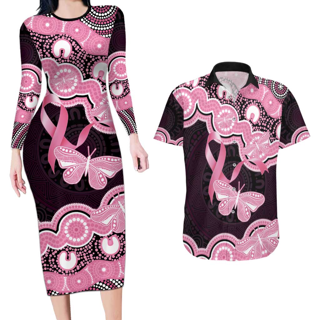 Australia Indigenous Couples Matching Long Sleeve Bodycon Dress and Hawaiian Shirt Pink Ribbon Breast Cancer Butterfly Aboriginal Black - Aussie Hoodie