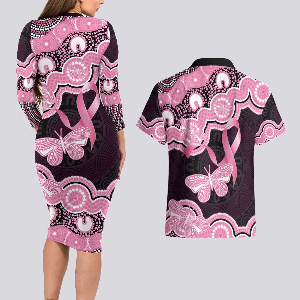 Australia Indigenous Couples Matching Long Sleeve Bodycon Dress and Hawaiian Shirt Pink Ribbon Breast Cancer Butterfly Aboriginal Black - Aussie Hoodie