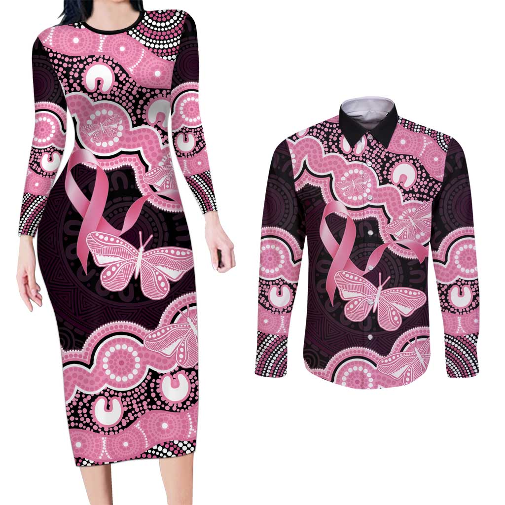 Australia Indigenous Couples Matching Long Sleeve Bodycon Dress and Long Sleeve Button Shirt Pink Ribbon Breast Cancer Butterfly Aboriginal Black - Aussie Hoodie