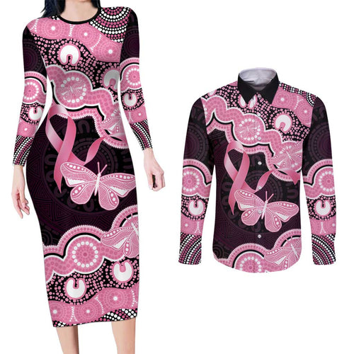 Australia Indigenous Couples Matching Long Sleeve Bodycon Dress and Long Sleeve Button Shirt Pink Ribbon Breast Cancer Butterfly Aboriginal Black - Aussie Hoodie
