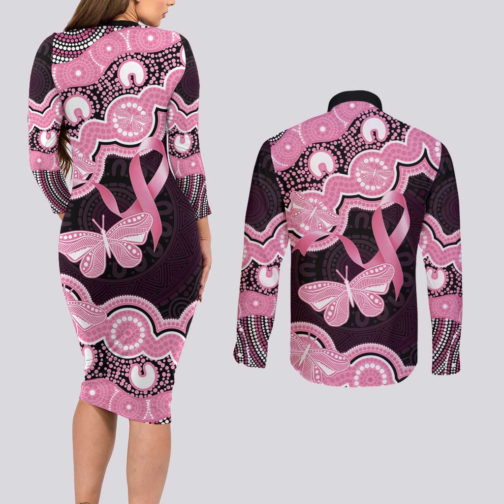 Australia Indigenous Couples Matching Long Sleeve Bodycon Dress and Long Sleeve Button Shirt Pink Ribbon Breast Cancer Butterfly Aboriginal Black - Aussie Hoodie