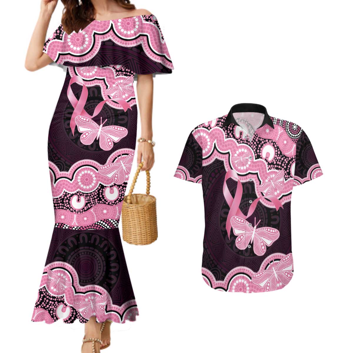 Australia Indigenous Couples Matching Mermaid Dress and Hawaiian Shirt Pink Ribbon Breast Cancer Butterfly Aboriginal Black - Aussie Hoodie