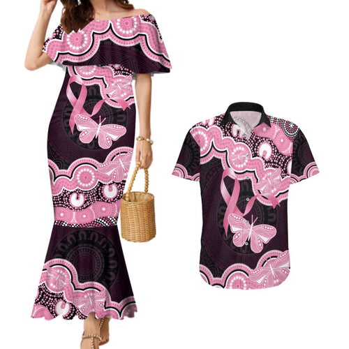 Australia Indigenous Couples Matching Mermaid Dress and Hawaiian Shirt Pink Ribbon Breast Cancer Butterfly Aboriginal Black - Aussie Hoodie