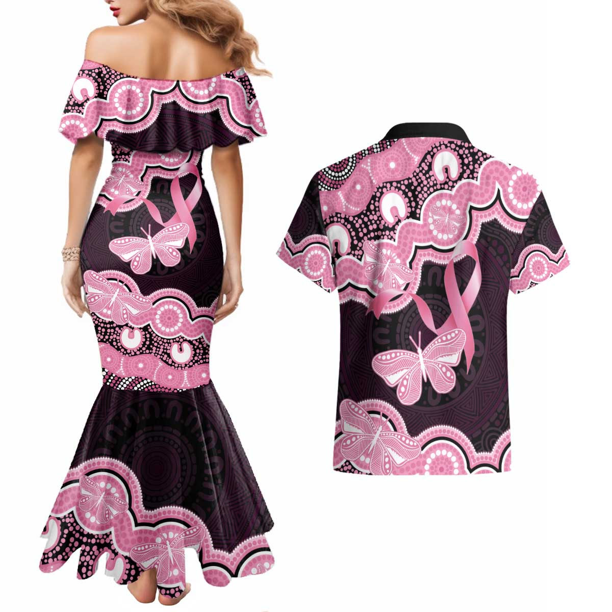 Australia Indigenous Couples Matching Mermaid Dress and Hawaiian Shirt Pink Ribbon Breast Cancer Butterfly Aboriginal Black - Aussie Hoodie