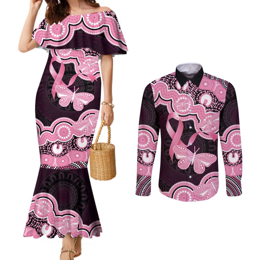 Australia Indigenous Couples Matching Mermaid Dress and Long Sleeve Button Shirt Pink Ribbon Breast Cancer Butterfly Aboriginal Black - Aussie Hoodie