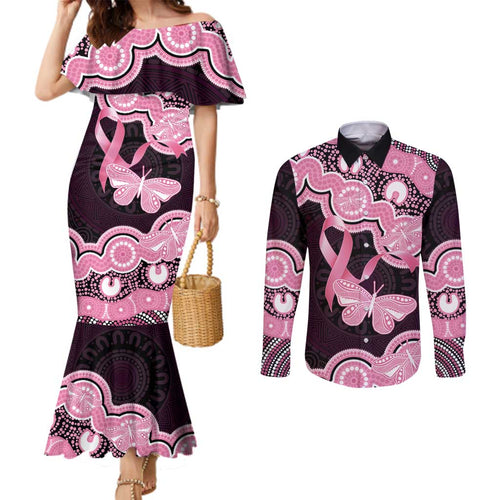 Australia Indigenous Couples Matching Mermaid Dress and Long Sleeve Button Shirt Pink Ribbon Breast Cancer Butterfly Aboriginal Black - Aussie Hoodie