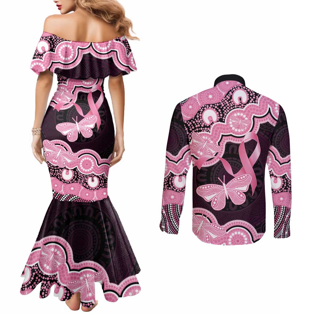 Australia Indigenous Couples Matching Mermaid Dress and Long Sleeve Button Shirt Pink Ribbon Breast Cancer Butterfly Aboriginal Black - Aussie Hoodie