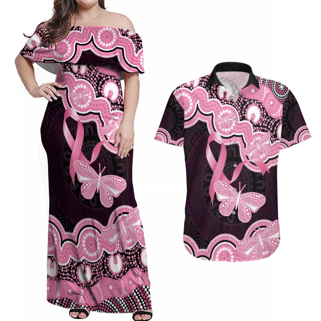 Australia Indigenous Couples Matching Off Shoulder Maxi Dress and Hawaiian Shirt Pink Ribbon Breast Cancer Butterfly Aboriginal Black - Aussie Hoodie