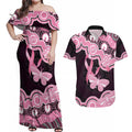 Australia Indigenous Couples Matching Off Shoulder Maxi Dress and Hawaiian Shirt Pink Ribbon Breast Cancer Butterfly Aboriginal Black - Aussie Hoodie