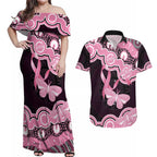 Australia Indigenous Couples Matching Off Shoulder Maxi Dress and Hawaiian Shirt Pink Ribbon Breast Cancer Butterfly Aboriginal Black - Aussie Hoodie