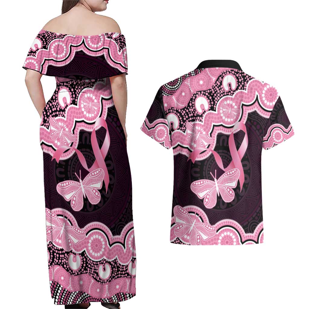 Australia Indigenous Couples Matching Off Shoulder Maxi Dress and Hawaiian Shirt Pink Ribbon Breast Cancer Butterfly Aboriginal Black - Aussie Hoodie