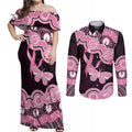 Australia Indigenous Couples Matching Off Shoulder Maxi Dress and Long Sleeve Button Shirt Pink Ribbon Breast Cancer Butterfly Aboriginal Black - Aussie Hoodie