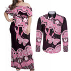 Australia Indigenous Couples Matching Off Shoulder Maxi Dress and Long Sleeve Button Shirt Pink Ribbon Breast Cancer Butterfly Aboriginal Black - Aussie Hoodie