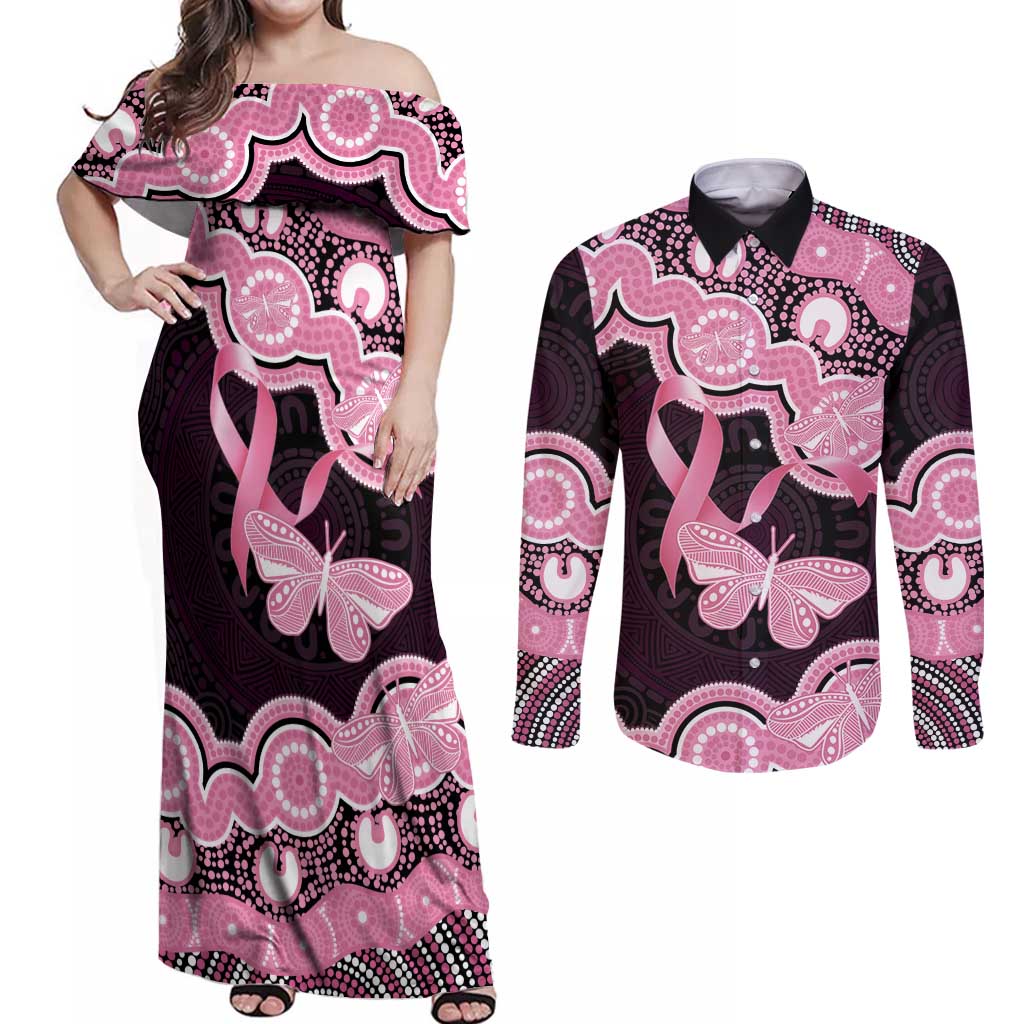 Australia Indigenous Couples Matching Off Shoulder Maxi Dress and Long Sleeve Button Shirt Pink Ribbon Breast Cancer Butterfly Aboriginal Black - Aussie Hoodie