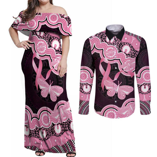 Australia Indigenous Couples Matching Off Shoulder Maxi Dress and Long Sleeve Button Shirt Pink Ribbon Breast Cancer Butterfly Aboriginal Black - Aussie Hoodie