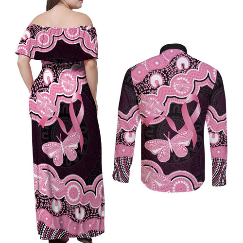 Australia Indigenous Couples Matching Off Shoulder Maxi Dress and Long Sleeve Button Shirt Pink Ribbon Breast Cancer Butterfly Aboriginal Black - Aussie Hoodie