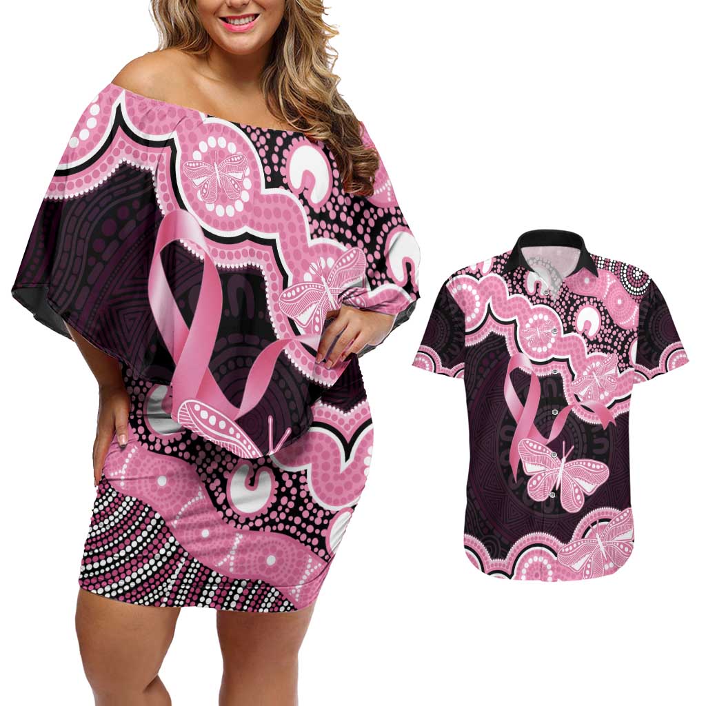 Australia Indigenous Couples Matching Off Shoulder Short Dress and Hawaiian Shirt Pink Ribbon Breast Cancer Butterfly Aboriginal Black - Aussie Hoodie