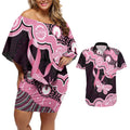 Australia Indigenous Couples Matching Off Shoulder Short Dress and Hawaiian Shirt Pink Ribbon Breast Cancer Butterfly Aboriginal Black - Aussie Hoodie