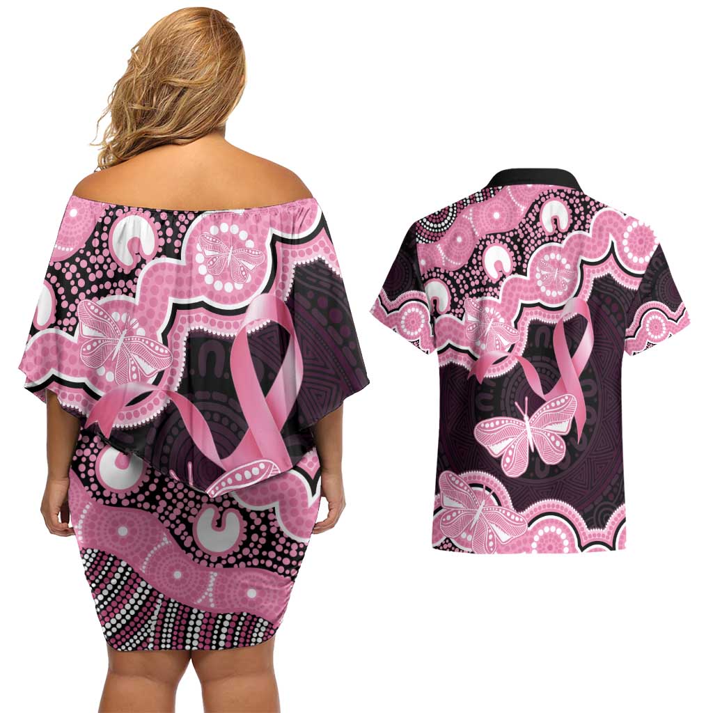 Australia Indigenous Couples Matching Off Shoulder Short Dress and Hawaiian Shirt Pink Ribbon Breast Cancer Butterfly Aboriginal Black - Aussie Hoodie