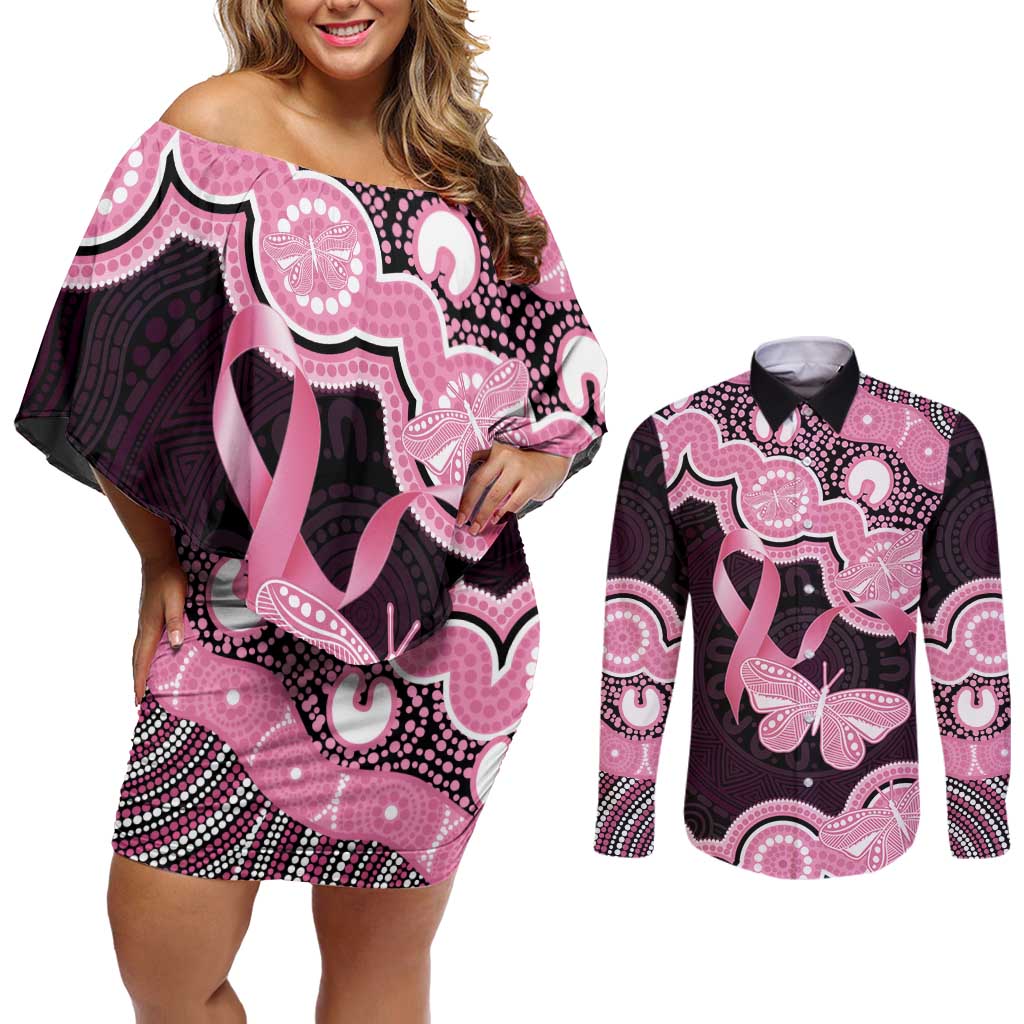 Australia Indigenous Couples Matching Off Shoulder Short Dress and Long Sleeve Button Shirt Pink Ribbon Breast Cancer Butterfly Aboriginal Black - Aussie Hoodie