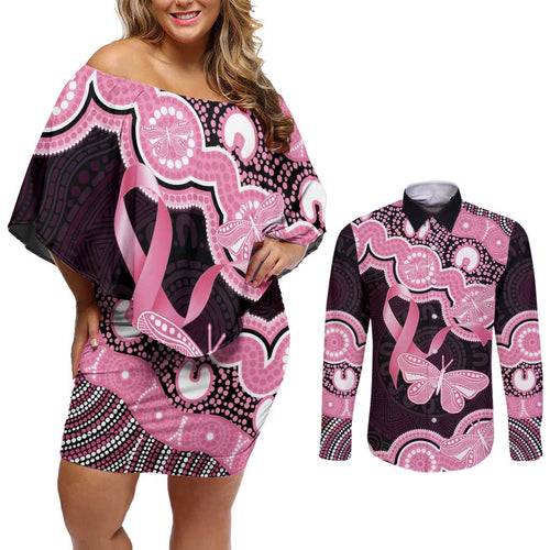 Australia Indigenous Couples Matching Off Shoulder Short Dress and Long Sleeve Button Shirt Pink Ribbon Breast Cancer Butterfly Aboriginal Black - Aussie Hoodie