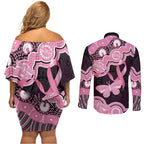 Australia Indigenous Couples Matching Off Shoulder Short Dress and Long Sleeve Button Shirt Pink Ribbon Breast Cancer Butterfly Aboriginal Black - Aussie Hoodie