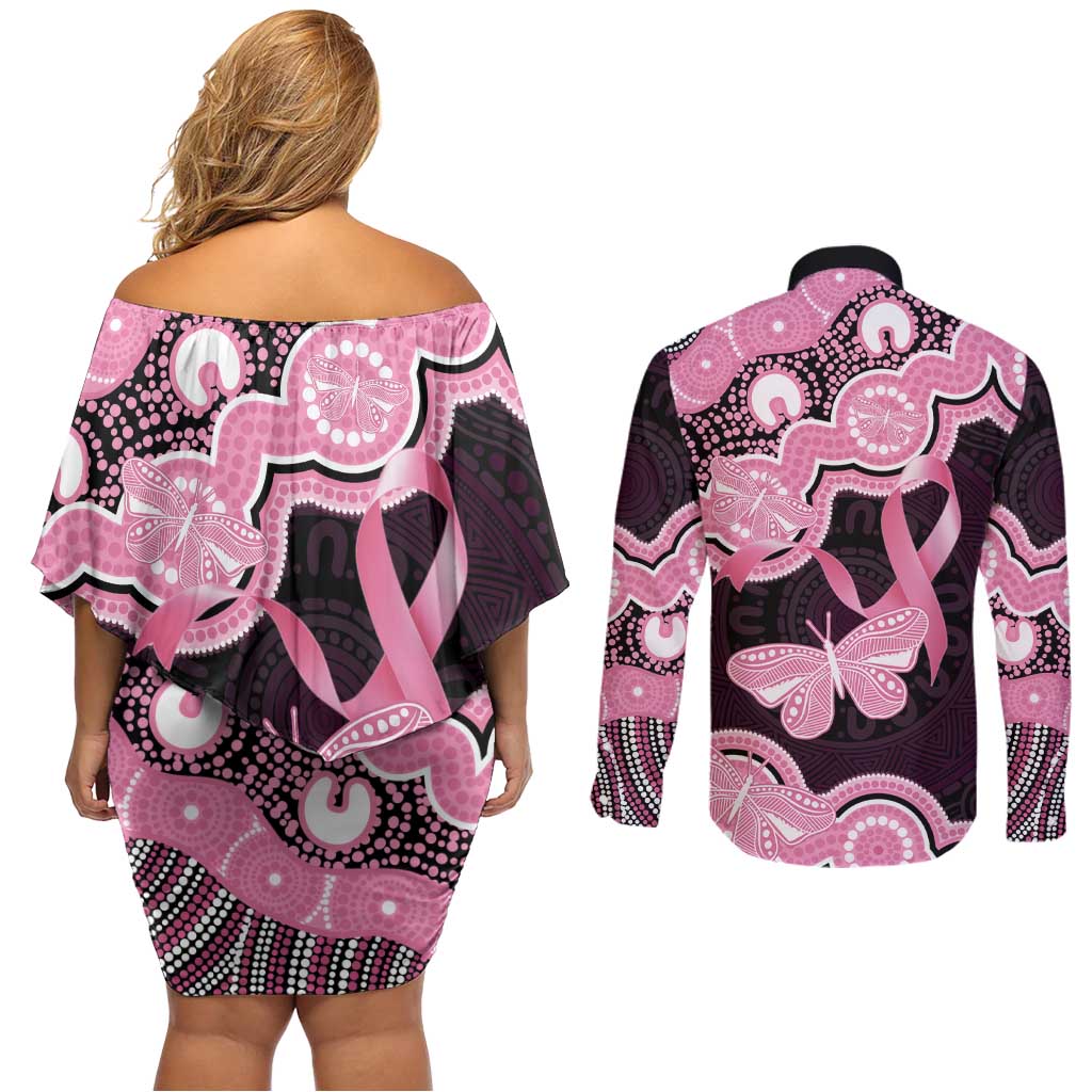 Australia Indigenous Couples Matching Off Shoulder Short Dress and Long Sleeve Button Shirt Pink Ribbon Breast Cancer Butterfly Aboriginal Black - Aussie Hoodie