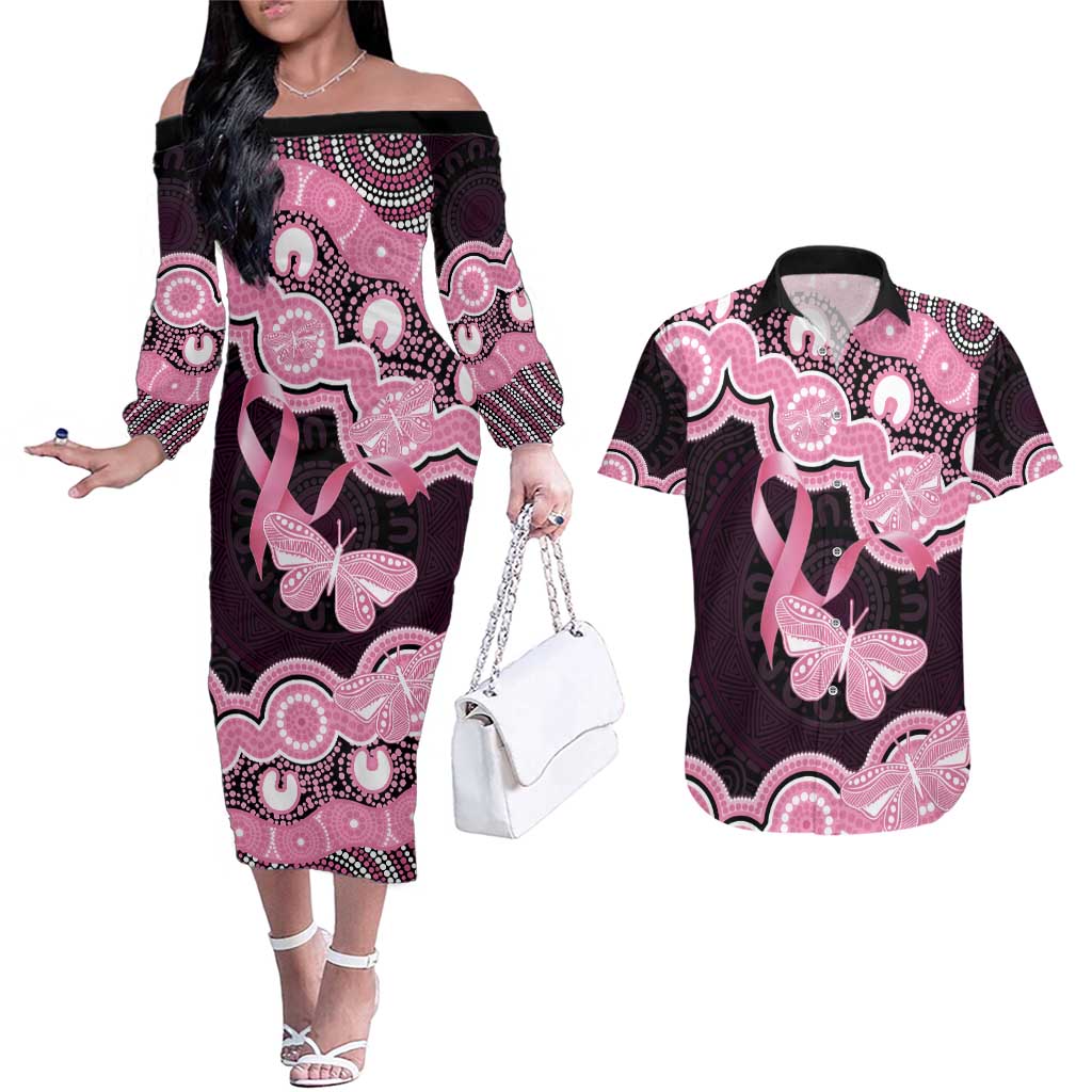 Australia Indigenous Couples Matching Off The Shoulder Long Sleeve Dress and Hawaiian Shirt Pink Ribbon Breast Cancer Butterfly Aboriginal Black - Aussie Hoodie