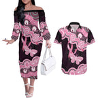 Australia Indigenous Couples Matching Off The Shoulder Long Sleeve Dress and Hawaiian Shirt Pink Ribbon Breast Cancer Butterfly Aboriginal Black - Aussie Hoodie
