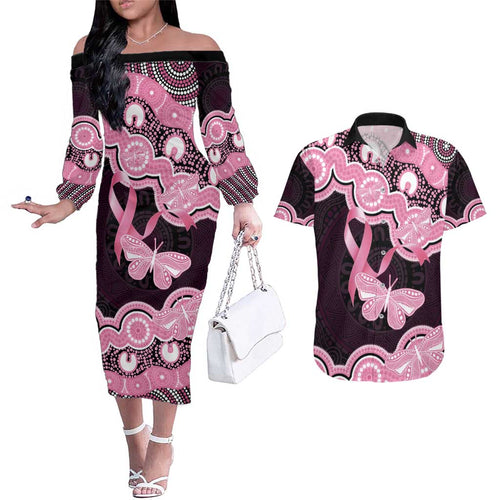 Australia Indigenous Couples Matching Off The Shoulder Long Sleeve Dress and Hawaiian Shirt Pink Ribbon Breast Cancer Butterfly Aboriginal Black - Aussie Hoodie