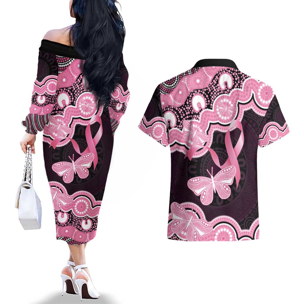 Australia Indigenous Couples Matching Off The Shoulder Long Sleeve Dress and Hawaiian Shirt Pink Ribbon Breast Cancer Butterfly Aboriginal Black - Aussie Hoodie