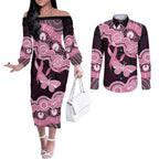 Australia Indigenous Couples Matching Off The Shoulder Long Sleeve Dress and Long Sleeve Button Shirt Pink Ribbon Breast Cancer Butterfly Aboriginal Black - Aussie Hoodie