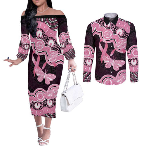 Australia Indigenous Couples Matching Off The Shoulder Long Sleeve Dress and Long Sleeve Button Shirt Pink Ribbon Breast Cancer Butterfly Aboriginal Black - Aussie Hoodie