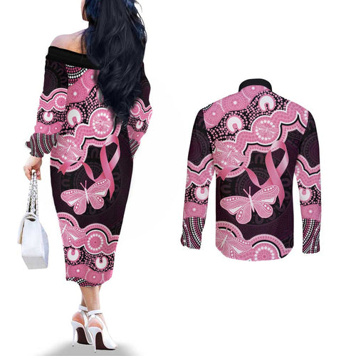 Australia Indigenous Couples Matching Off The Shoulder Long Sleeve Dress and Long Sleeve Button Shirt Pink Ribbon Breast Cancer Butterfly Aboriginal Black - Aussie Hoodie