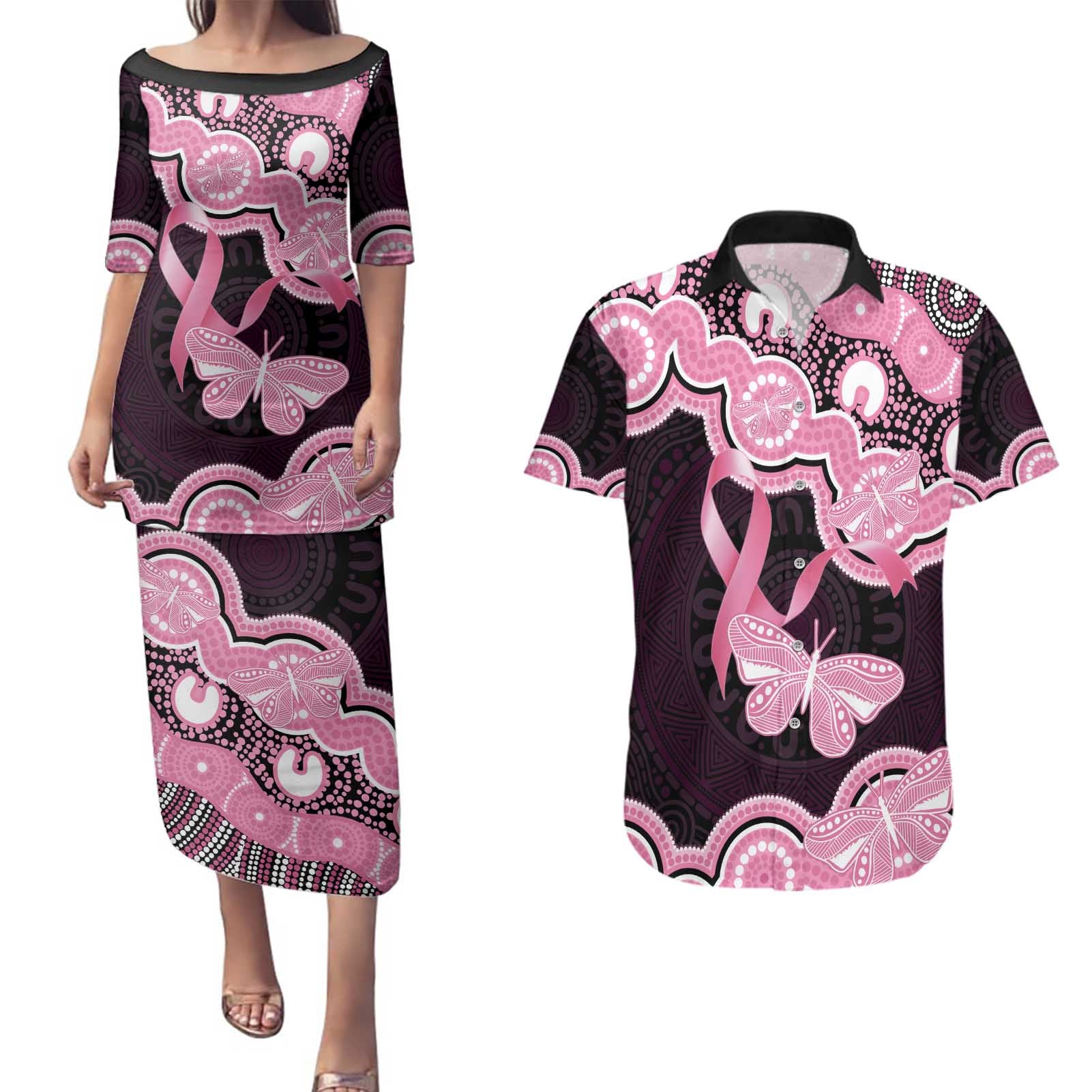 Australia Indigenous Couples Matching Puletasi and Hawaiian Shirt Pink Ribbon Breast Cancer Butterfly Aboriginal Black - Aussie Hoodie