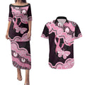 Australia Indigenous Couples Matching Puletasi and Hawaiian Shirt Pink Ribbon Breast Cancer Butterfly Aboriginal Black - Aussie Hoodie