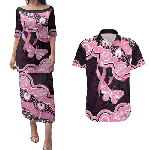 Australia Indigenous Couples Matching Puletasi and Hawaiian Shirt Pink Ribbon Breast Cancer Butterfly Aboriginal Black - Aussie Hoodie